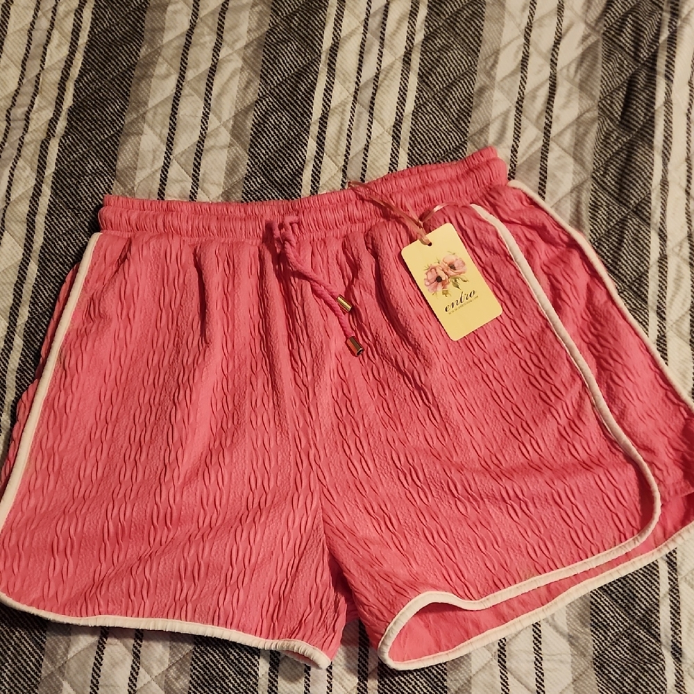 entro Pink Textured Athletic Drawstring Shorts with White Trim